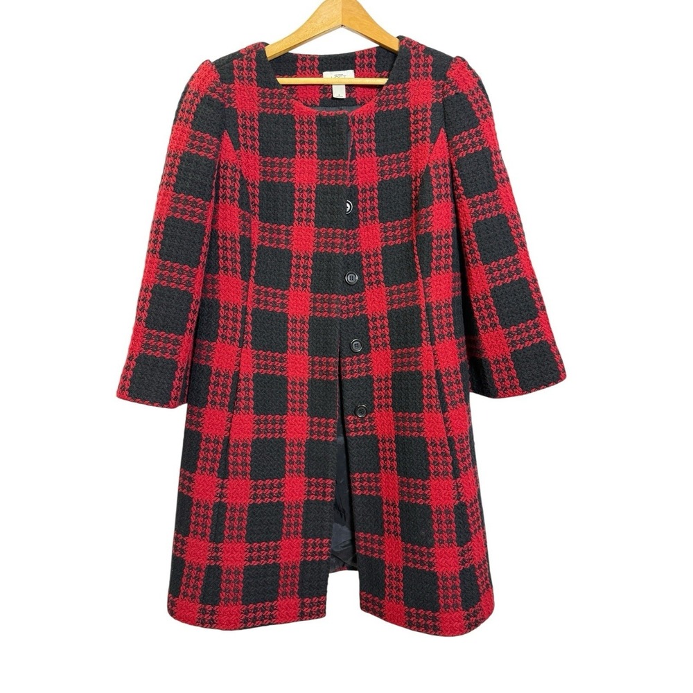 Ann Taylor LOFT Peacoat Womens 8 Pre-Owned Red Black Buffalo Plaid Boucle Button